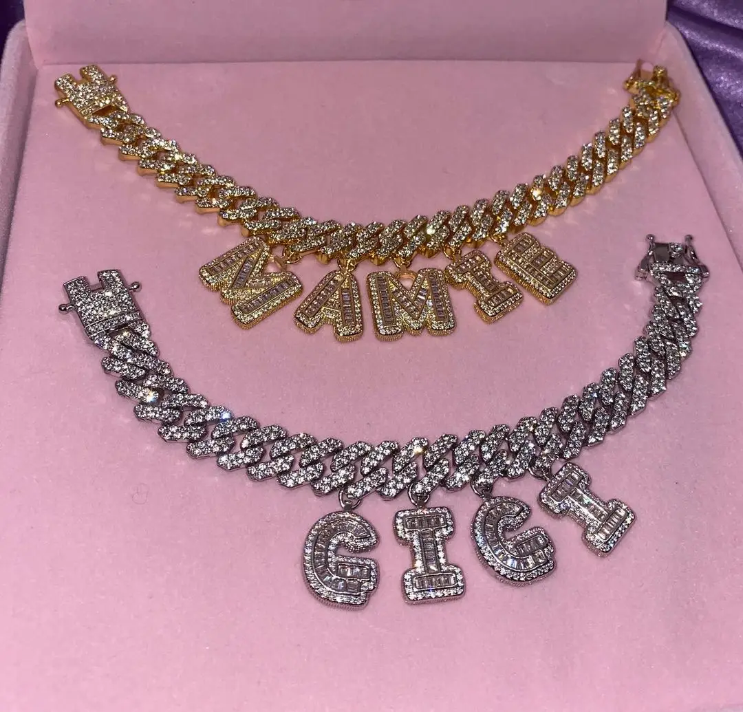 

diamond cuban link chain Custom gold plated 26 arabic alphabet letter a k v z initial name plate baguette necklace
