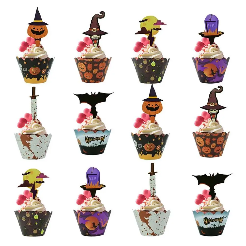 

24Pcs Halloween Decoration Cupcake Wrapper Cup Muffins Horror Pumpkin Witch Bat Cake Toppers For Home Halloween Party Cake Decor