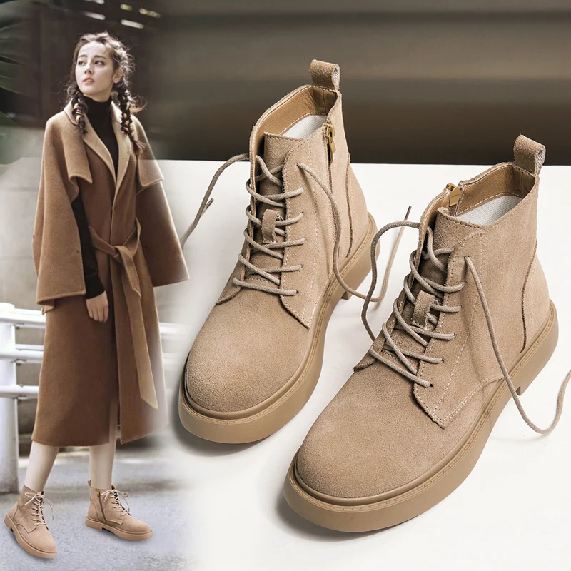 

BIMUDUIYU Platform Boots Women winter Fur Ankle Boots Autumn Suede Leather Female Flat platform Short Boots Ladies Shoes