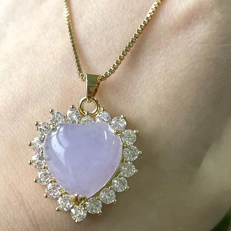 

jialin jewelry natural genuine purple jade nephrite heart pendant necklace with diamond, Picture shows