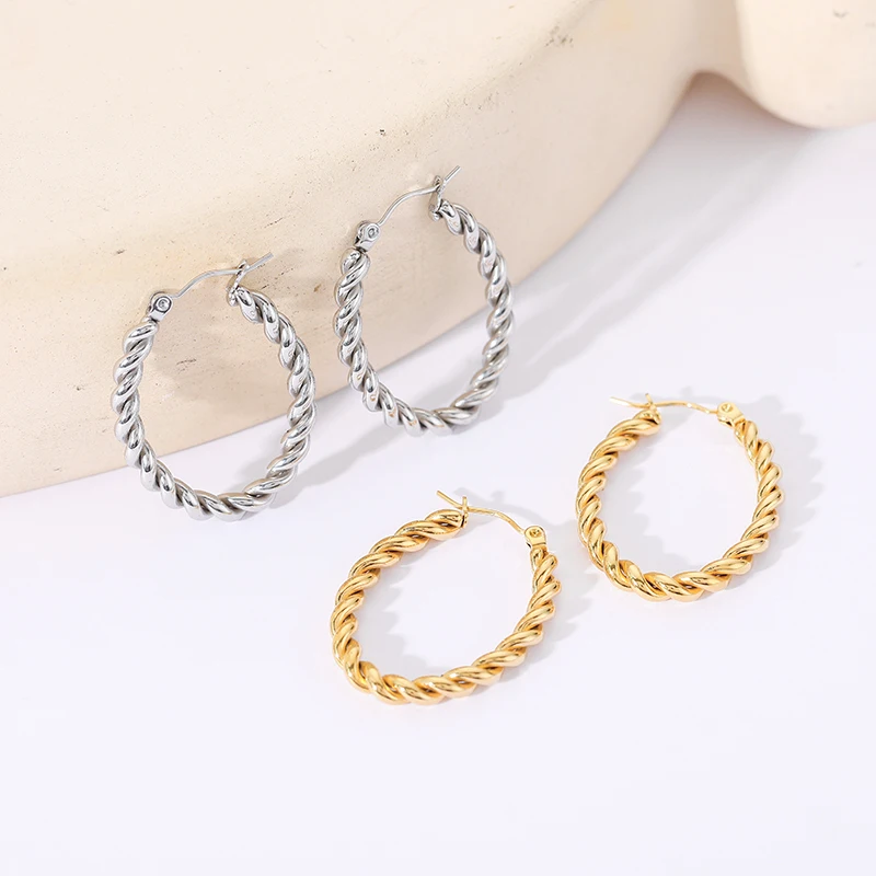 

Statement Women 18K Gold Plated Minimalist Stainless Steel Oval U Shaped Twisted Earrings Hoops For Girls