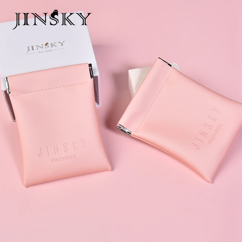 

JINSKY Luxury PU Leather Metal Closing Ring Openings Jewelry Storage Bag Textured Portable Jewelry Pouch Accept Customized Logo, Pink