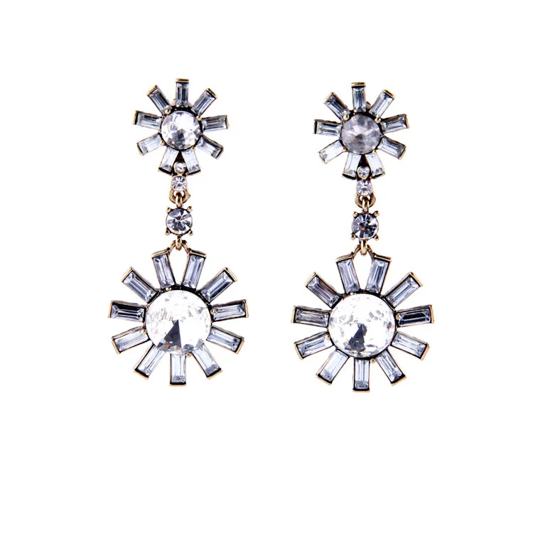 

ed00953 Blue Clear Rhinestone Bijouterie Jewelry Glass Flower Daisy Dangle Women Fashion Crystal Clip On Earrings