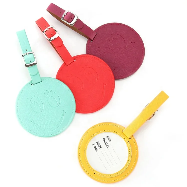 

Wholesale Original Round Shape Smiling Face Pu Leather Travel Suitcase Luggage Tag, Colorful color