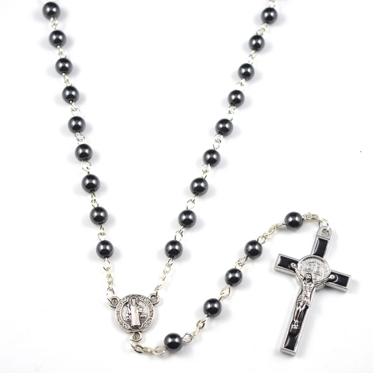 

Black natural hematite Rosary Beads Cross Macrame Ajustable Beaded Long Jesus Necklace Men