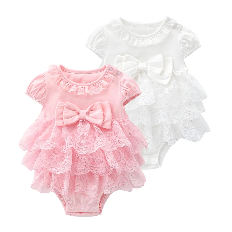 

Custom cotton newborn baby short sleeve lace pink princess jumpsuit kids clothing sets summer