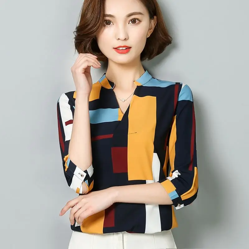 

High Quality Sexy Designs Ladies Clothing Short 3/4 Long Sleeve Blouse 3D Chiffon Women Blouse