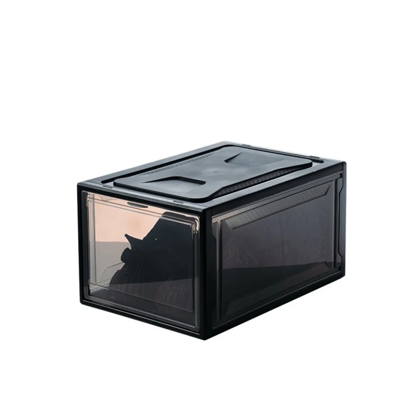 

Front Open Stackable Home Shoe Organizer Plastic Clear Shoe Storage Box Foldable Shoes Box, White black