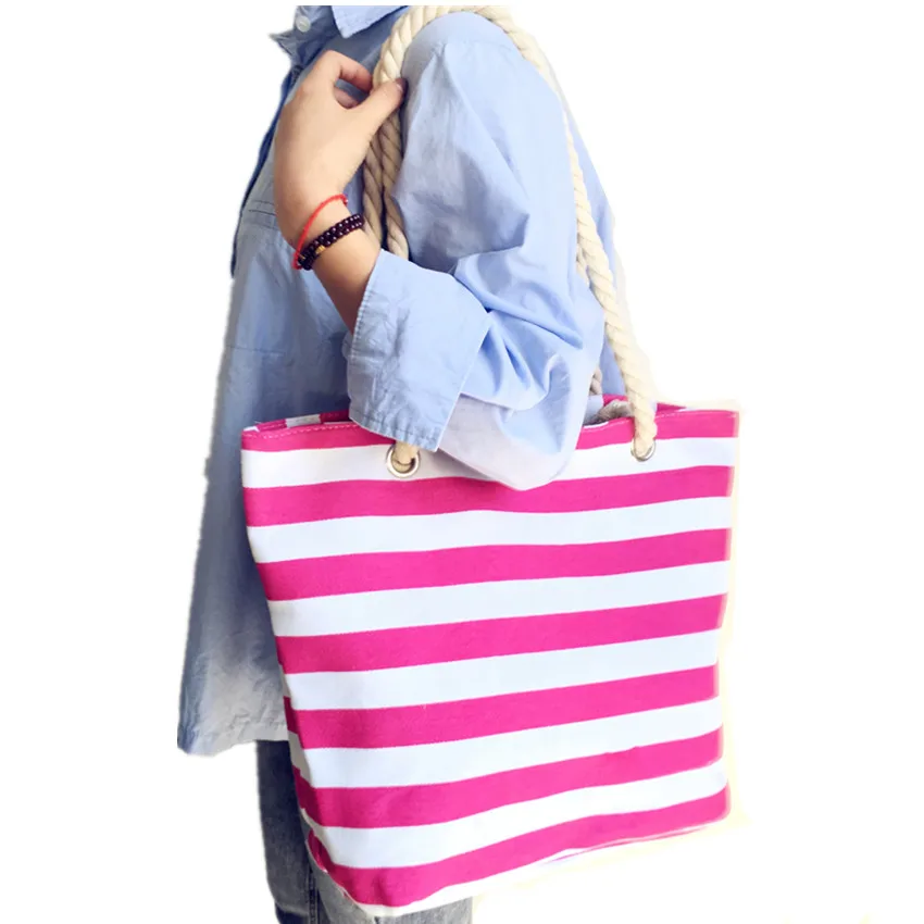 

Factory Made Wholesale Durable Red Stripe Cotton Canvas Beach Bag, Pink or custom