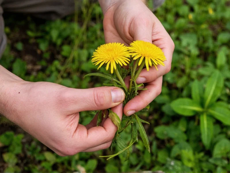 Hands identifying edible dandelion plants in forest