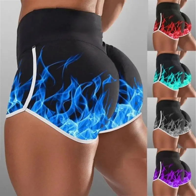 

OEM service yoga pants fire printed covered edge high waisted Hip Quick drying fitness booty shorts women's athletic gym shorts