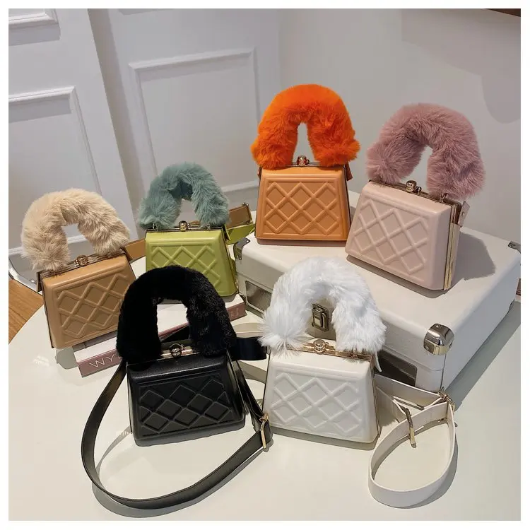 

FANLOSN New Fashion Winter Portable Fur Handle Plush Clutch Bag Womens Mini Bags Mini Purse Bag, As the picture shown or you could customize the color you want