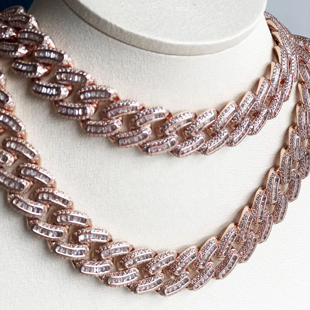 

Square Hip Hop Iced Out Pink Bling Baguette CZ Cuban Link Chain Necklace