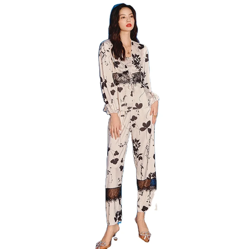 

New Style Women Sleepwear Pajama Long Sleeve Lace Ice Satin Sleepwear Silk Thin Three Piece Set, Picture shows