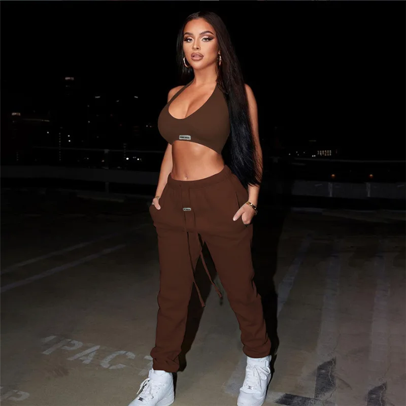 

Women's Low-cut Halter Corset casual outfit Knit sweatpants Crop Top Vest pants Set trousers joggers pants two piece pants set