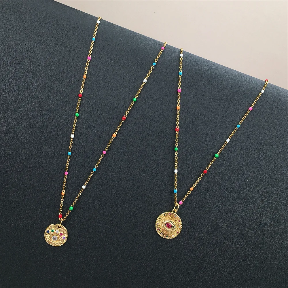 

Best Selling Hip Hop Rainbow Stainless Steel Thin Chain Necklace Paved Crystal Evil Eyes Disc Pendant Necklace For Ladies