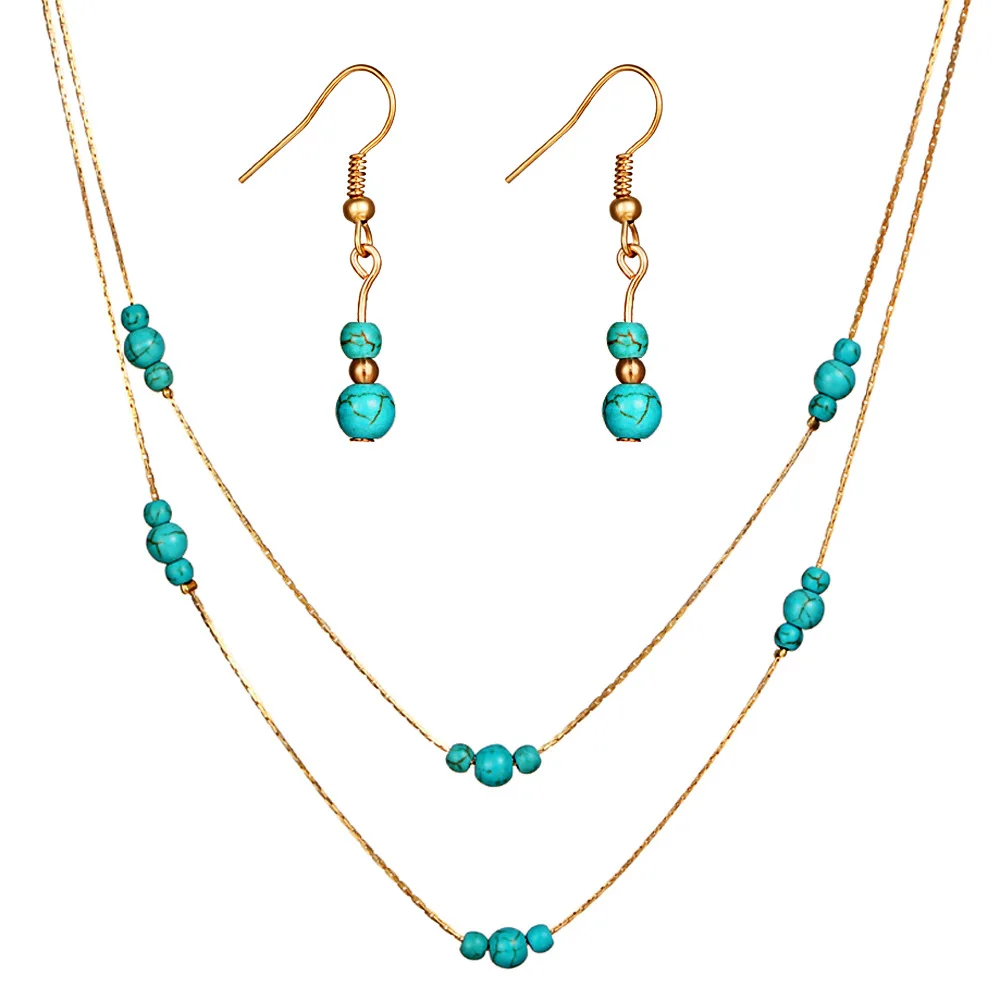 

Women's Round Turquoise Gem Multi-layer Necklace Earring Set Gold Tone Stone Jewelry Set, As picture