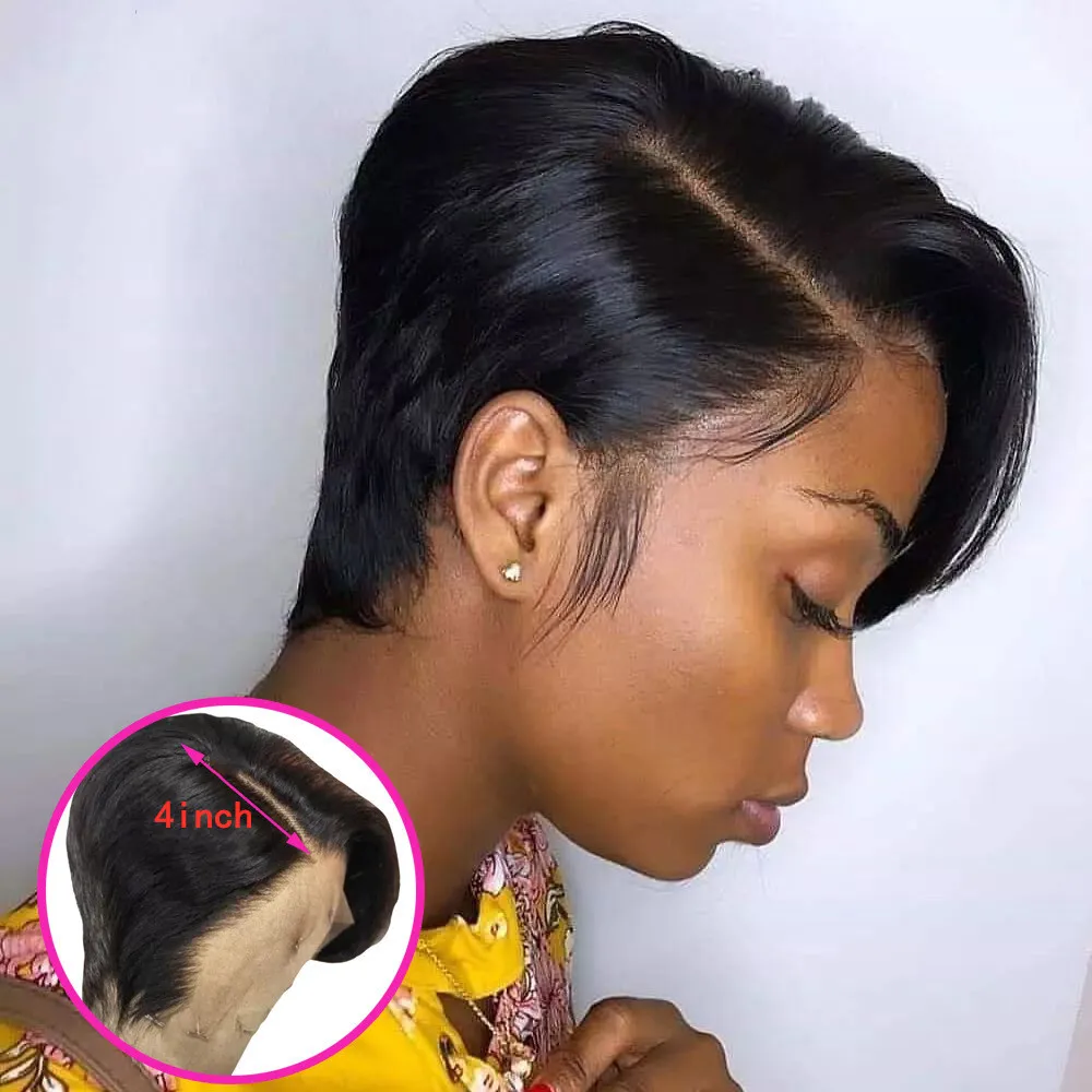 

100% Virgin Brazilian 12A Beautiful Pixie Cut Short Bob Wigs Style Natural Black Straight Pixie Cut Hair Front Lace Wig For Sale