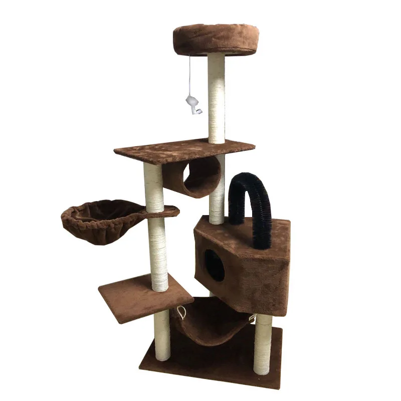 

Cat Climbing Frame Tree Condo Furniture Kitten Activity Tower Pet Kitty Play House with Scratching Posts Perches Hammock, Beige, brown, dark blue