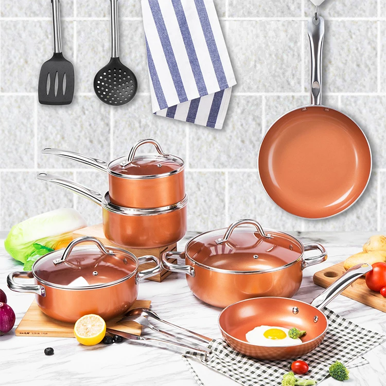 

Best sales 10-piece cheap kitchen housewares iron induction handles pan unique cooking pots nonstik pan cookware set