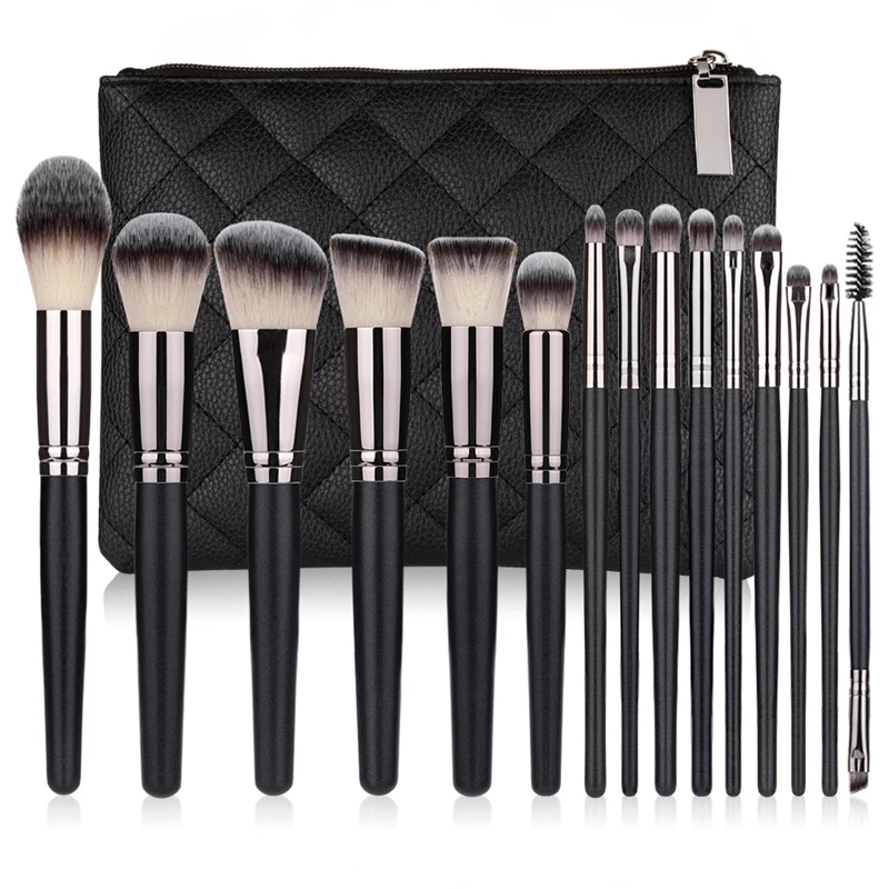 

2021 High End Quality Wholesale Vegan Cruelty Free Professional Synthetic Hair Custom 15pcs Makeup Brushes With Pu Bag, Black