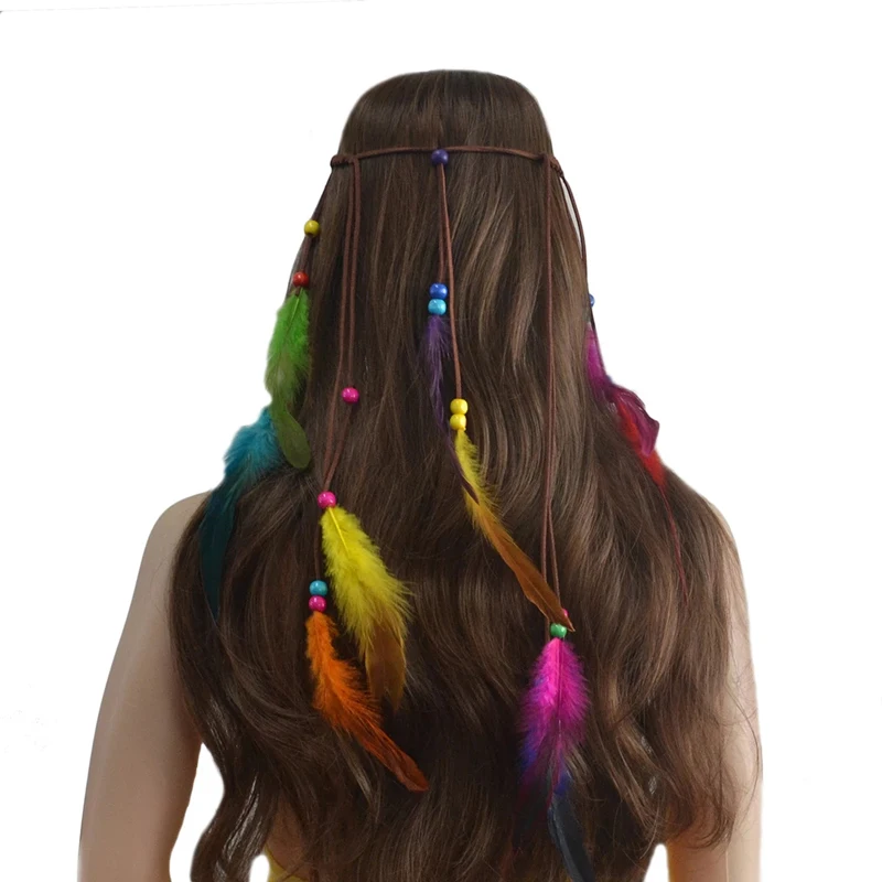 

New Design Bohemian Festival Women Feather Headband Hippie Boho Peacock Feather Headdress Hair Accessories, Colorful