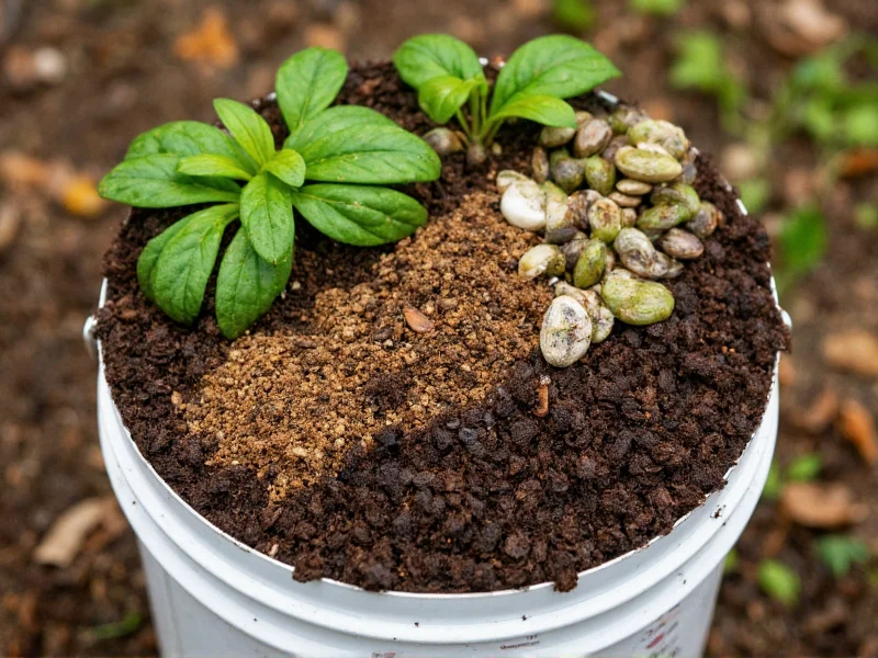 Compost ingredients layered in bucket with measurements