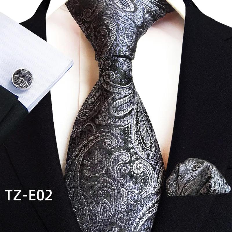 

Gray Paisley 8cm Tie And Handkerchief Set Polyester Silk Woven Necktie Set With Pocket Square Men Cufflink Set