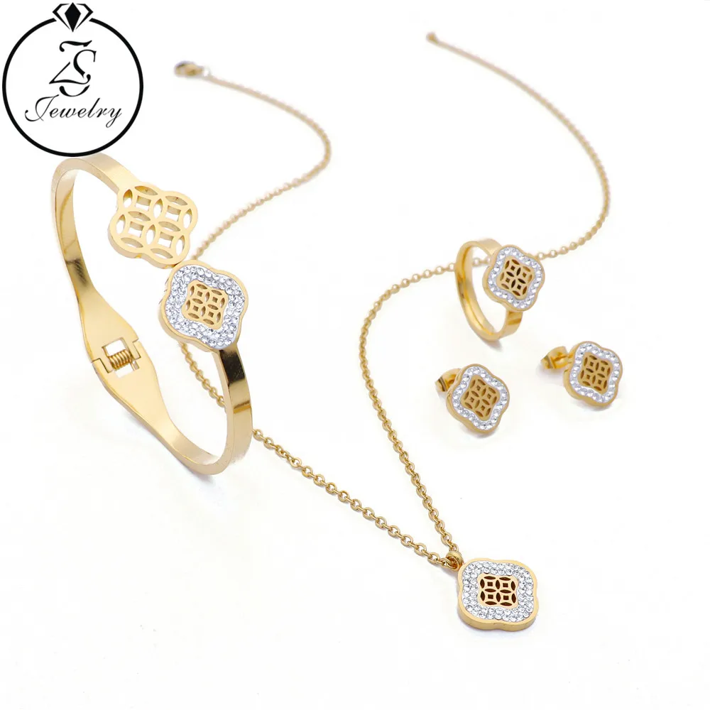 

Four Leaf Clover Wholesale Stainless Steel Necklace Set Fashion Jewelry Ring And Bracelet Set With Earring, Gold