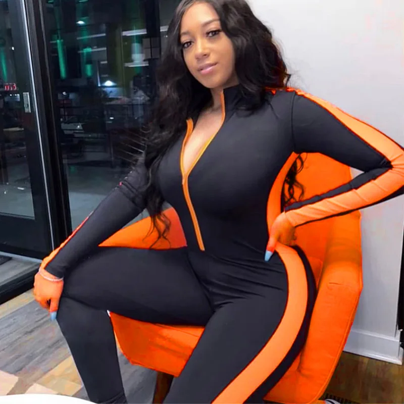 

Free Shipping C12122 - Fashion Bodycon Long Sleeve Patchwork Ladies Jumpsuit