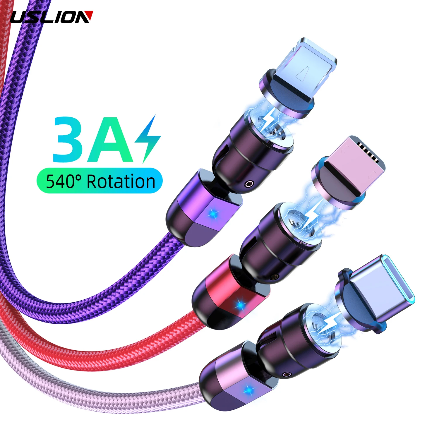 

540 degree rotating magnetic charger 3 in 1 L shape & straight use 3A fast magnetic Charging data Cable For Android Type C iOS, Black red purple silver