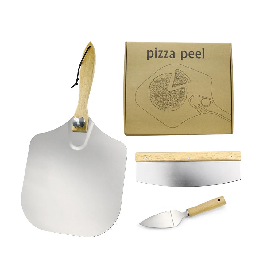 

Baking Equipment 3 pcs Set Wooden Handle Foldable Pizza Peel shovel Cutter Server Set 12" * 14" Aluminum Metal Pizza Peel