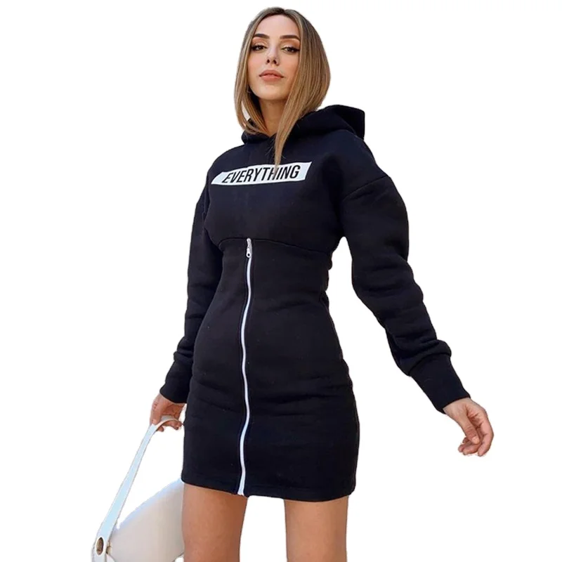 

2021 Spring New In Stock Everything Printed Fleece Women Pullover Long Sleeve Hoodie Mini Dress, Black/blue/green