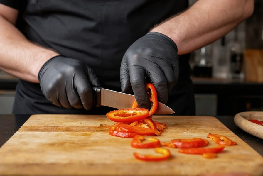 Chef wearing protective gloves carefully mincing a Ghost Pepper with precision knife skills on wooden cutting board