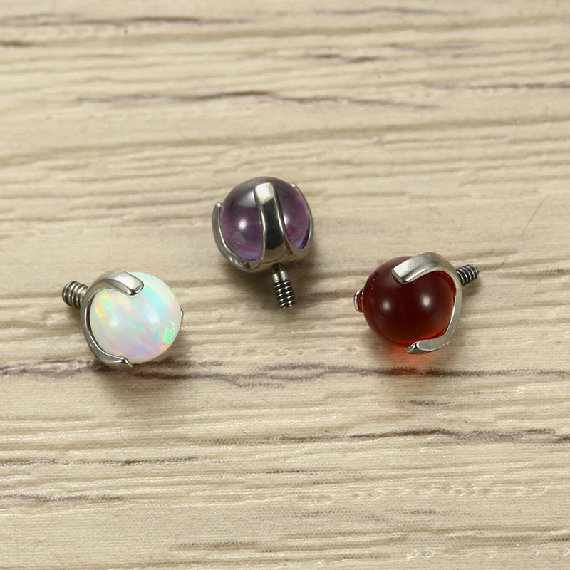 Astm F136 Titanium Internal Threaded Dermal Top With 3 Prong Set Synthetic Opal And Amethyst