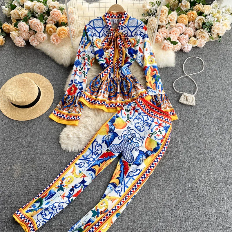 

High Quality Fashion Designer Vintage Spring Printing Bow Tie Flared Puffy Long Sleeve Top Casual Two Piece Pants Set