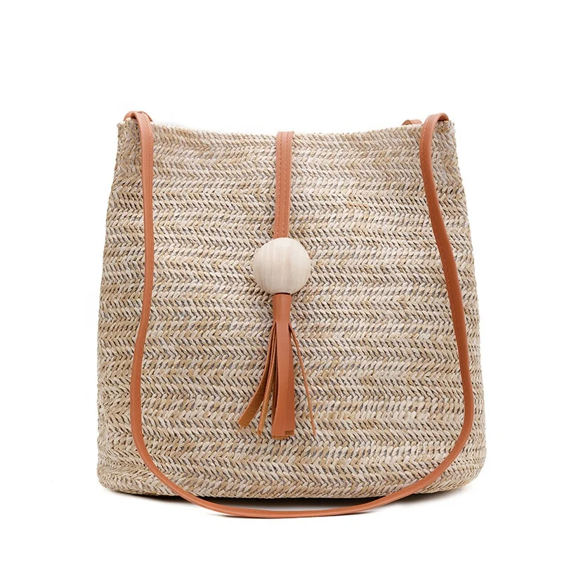 

Summer new wooden ball tassel crossbody female bucket straw bag, Pink,rose,brown