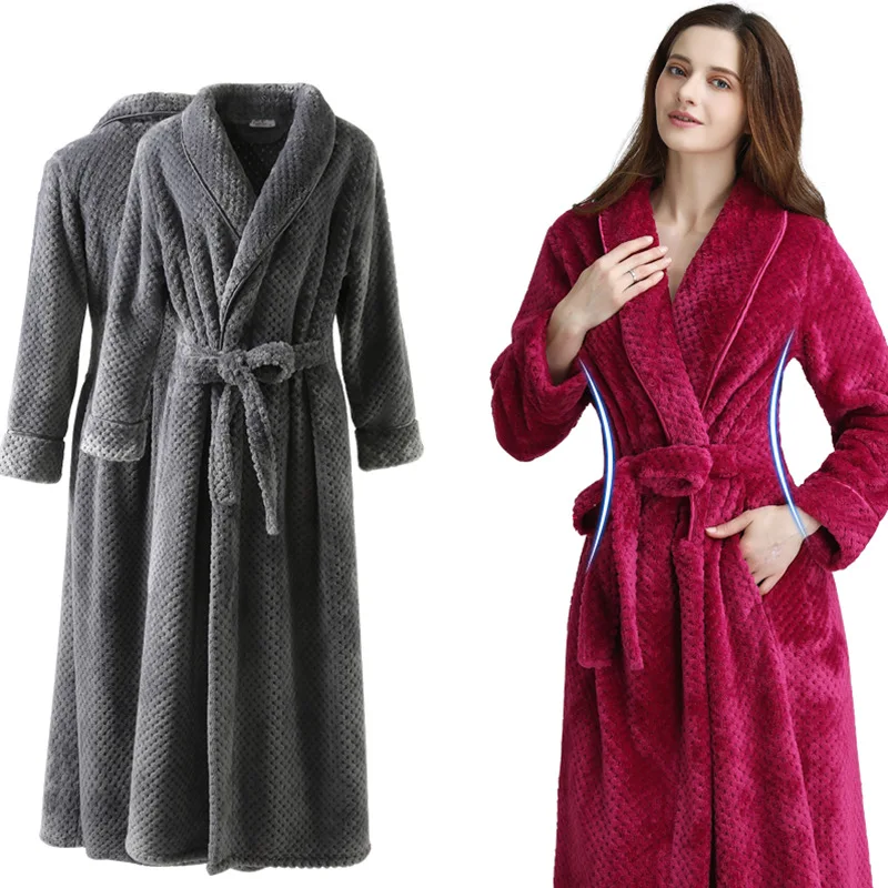 

New Winter Thick Plush Ladies Full Length Nightgowns Well-fitting Couple Extra Long Robe Checked Coral Fleece Lady Bathrobe, Navy, grey, white, pink, blue, red, purple or custom