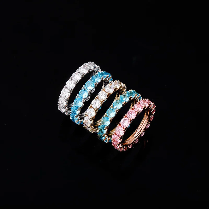 

Hot Hip Hop Jewelry Brass Rings Luxurious Shiny 14k Gold Plated Ring With 3a Cubic Zirconia, Gold/silver/pink/blue