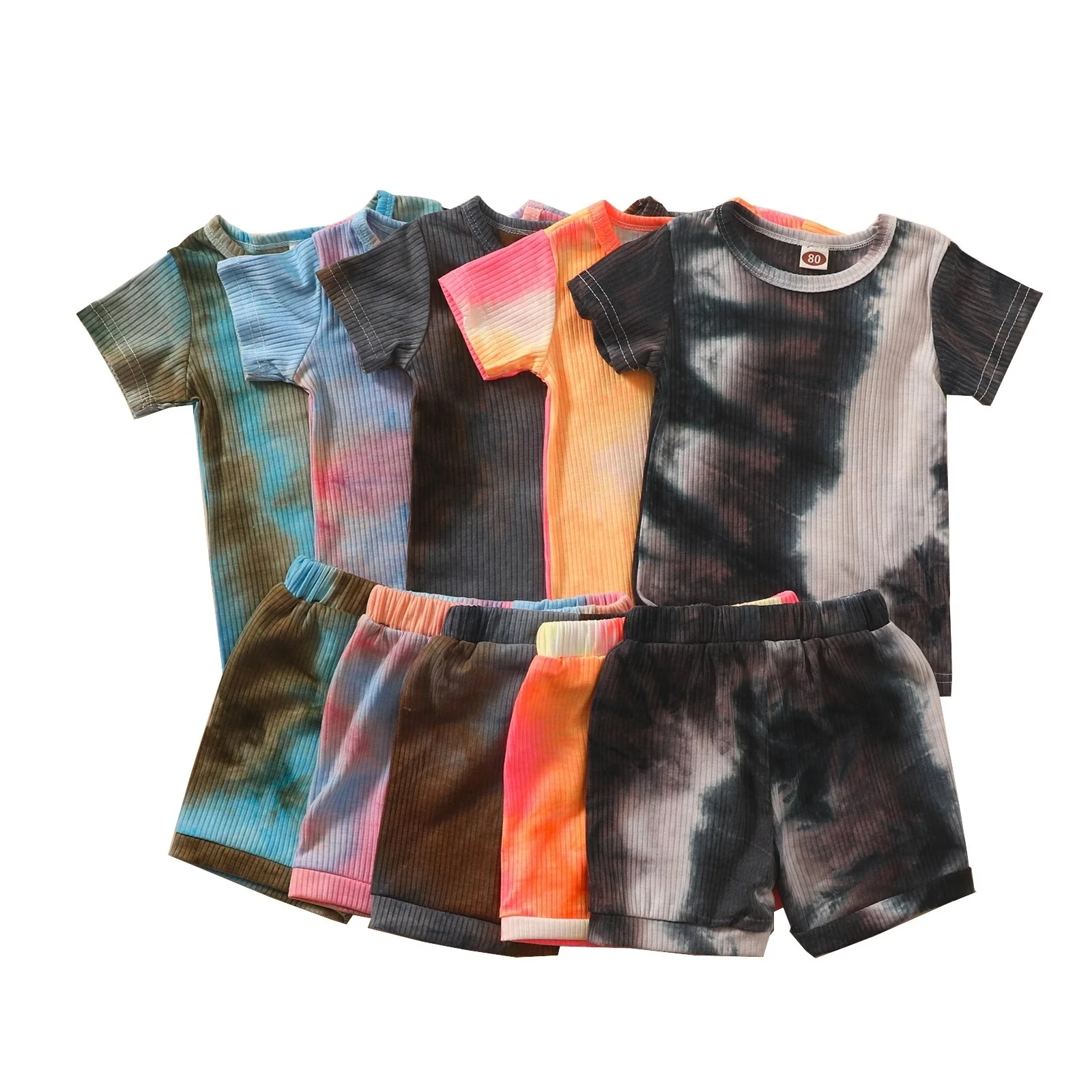 

2021 Summer Boys Girls Ribbed Knitted Tie Dye short sleeve two pieces set Sleeve Print T-shirts, Picture