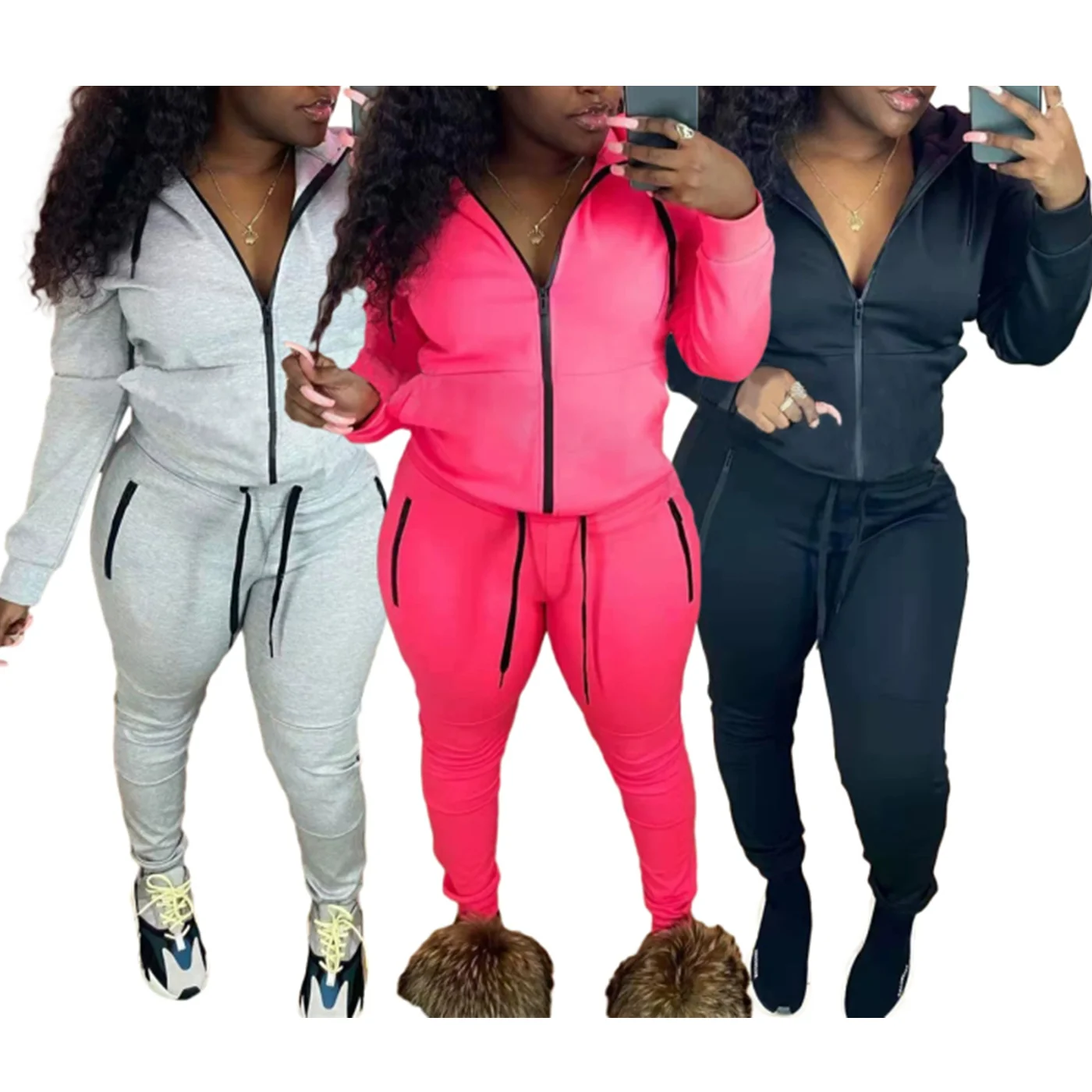 

2022 drawstring sweatpants and zipper Sweatshirts hoodie Spring Clothes for women sweatsuit set tracksuit two piece jogger set, Picture color