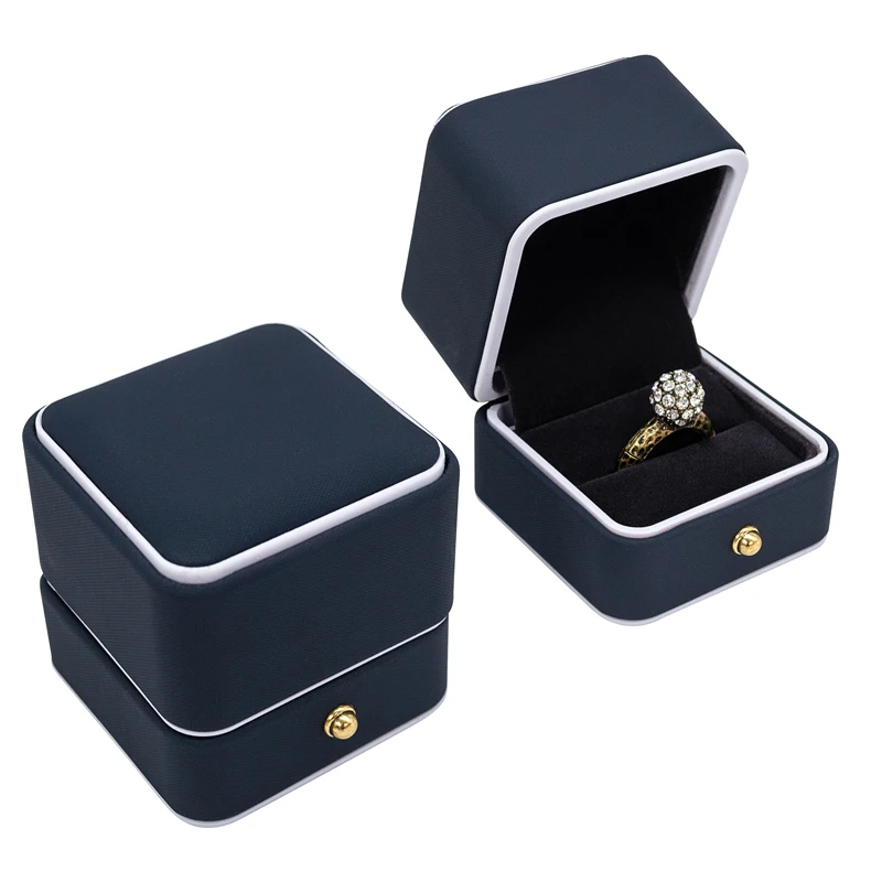 

Custom Logo Small Luxury Blue Wedding Ring Box Low Moq Jewelry Rings Packing Boxes, Blue/gold