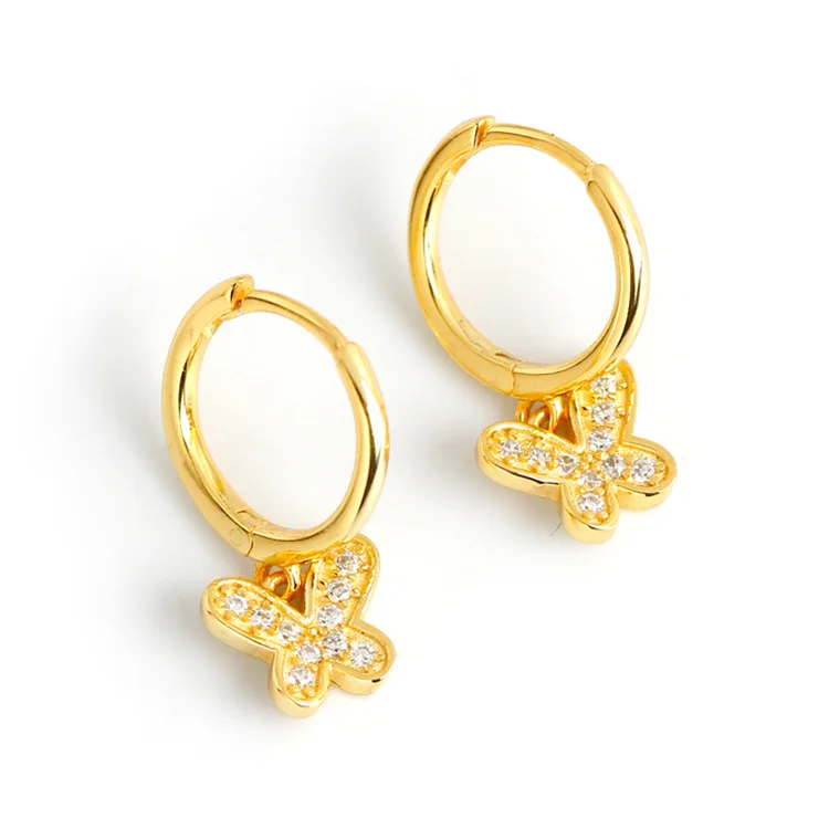 

Fine women jewelry 2021 sterling 925 silver CZ cubic zirconia stone butterfly dangle drop gold plated ladies hoop earrings