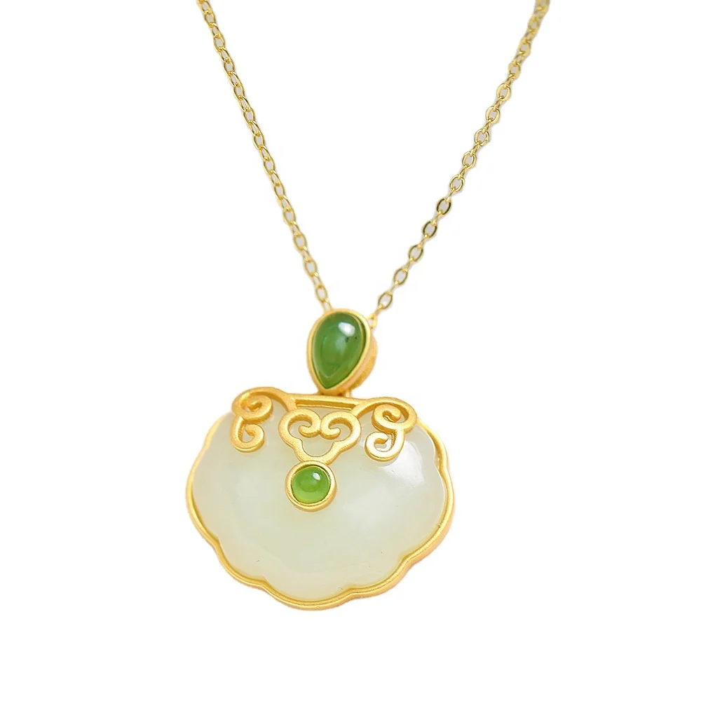 

Certified S925 Ancient Silver Gold-Plated Jade Necklace Female Lock Bag Pendant Heart Pendant Valentine's Day Gift