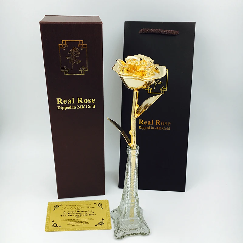 

Creative 24K Gold Roses Plated Artificial Blooming Lacquered Rose Valentines Day Anniversary Mother'S Day Gift With Souvenir Bag