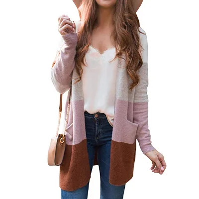 

Autumn big pocket stitching cardigan womens striped long knitted sweater women