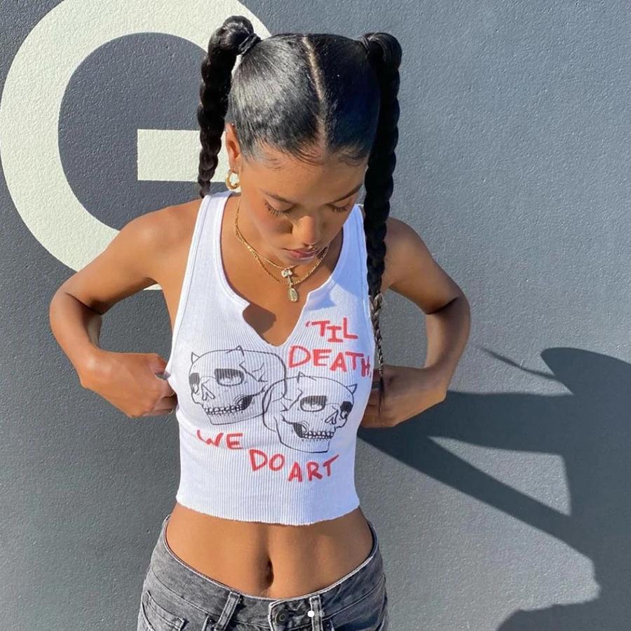 

NibberK20B10855 Baddie Skull Printed Y2k Tank Top Womens Casual Streetwear Vest Ladies Harajuku Skinny Crop Top Wholesale Custom