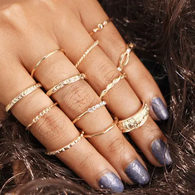 

Bohemian Fashion 12Pcs CZ Knuckle Ring Set Gold Plated Crystal Joint Knot Stackable Ring Set For Women