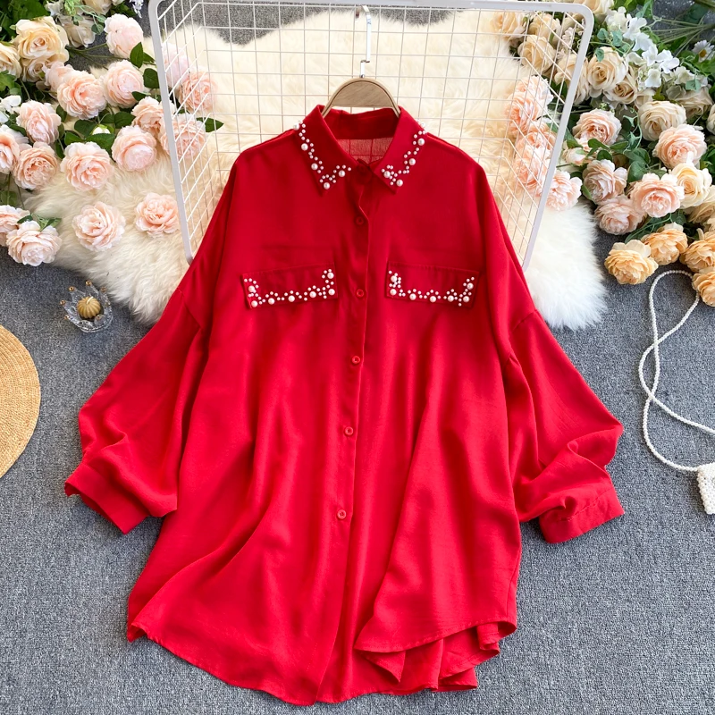 

2021 Spring Summer New Fashion Chiffon Shirt Women's Turn-down Collar Pearl Beaded Solid Color Blouse Loose Tops