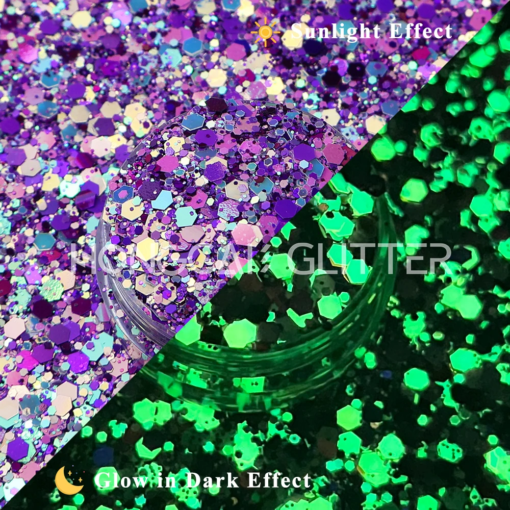 Bulk  New Colors Polyester Hexagon Shape Mix Glow in the Dark Chunky Glitter